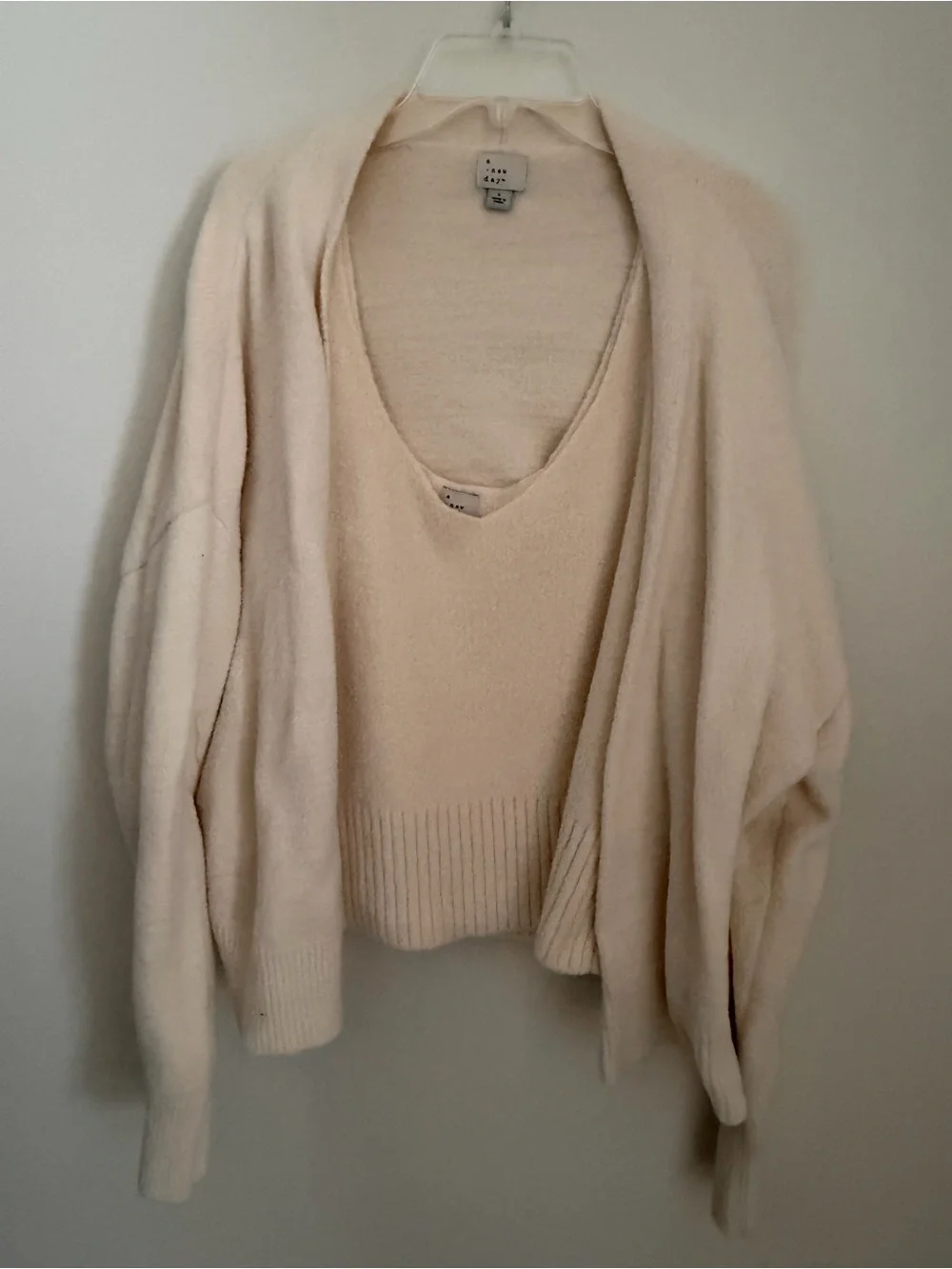 A NEW DAY - Cozy Cream V-Neck Sweater Set with Matching Cardigan - Women’s Large